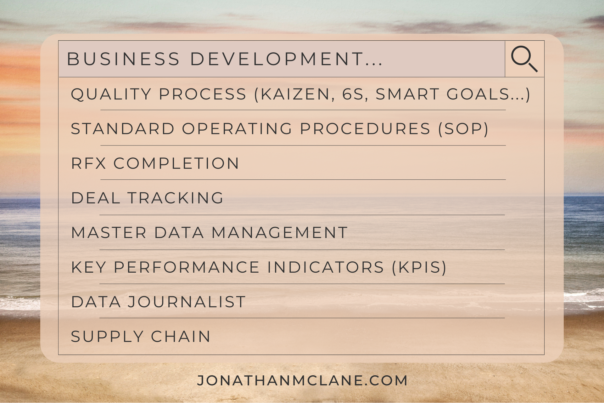 Business Development, Quality Process (Kaizen, 6S, SMART goals, more), Standard Operating Procedures (SOP), RFx Completion, Deal Tracking, Master Data Management, Key Performance Indicators (KPIs), Data Journalist, Supply Chain